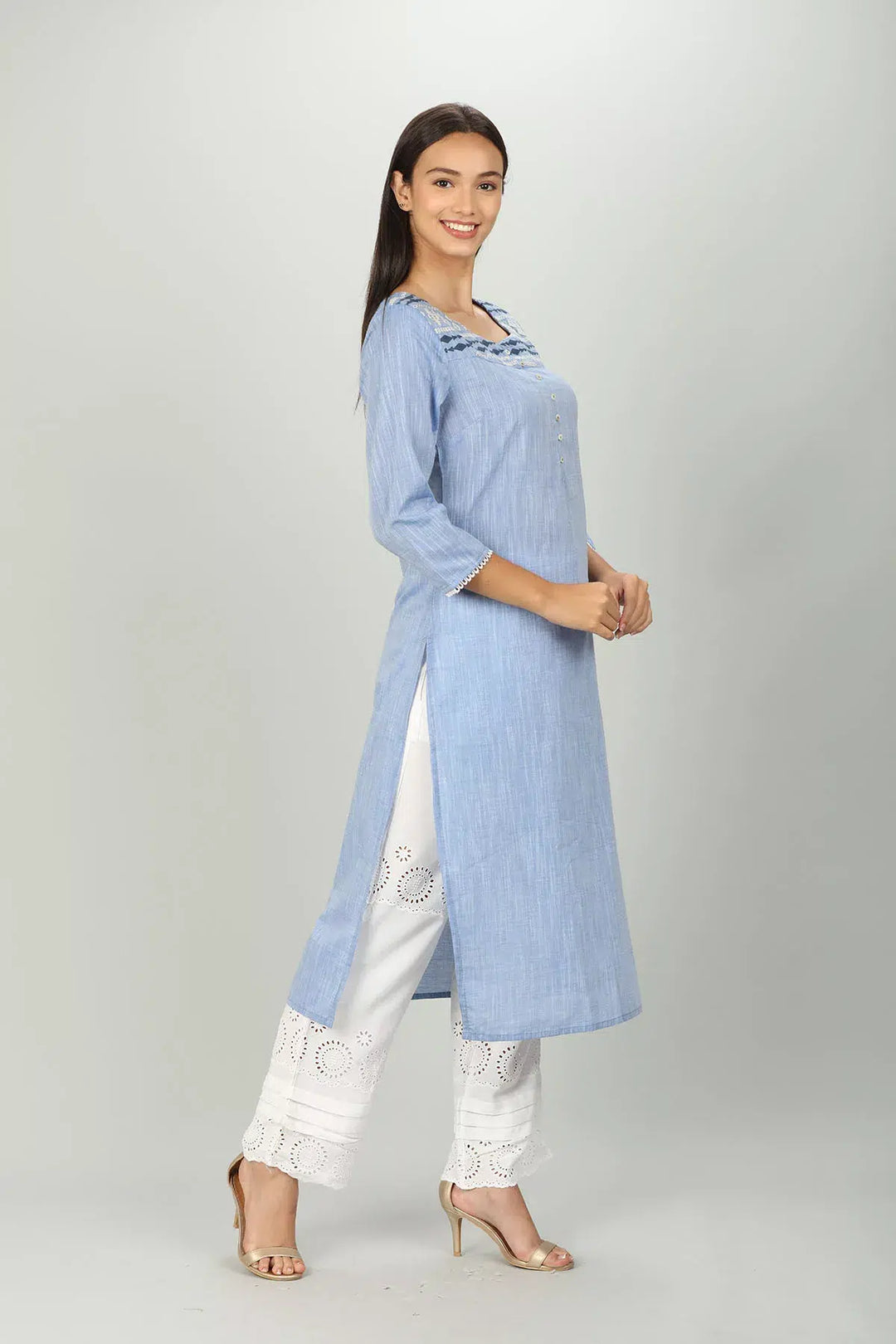 Blue Cotton Textured Embroider A Line Kurti