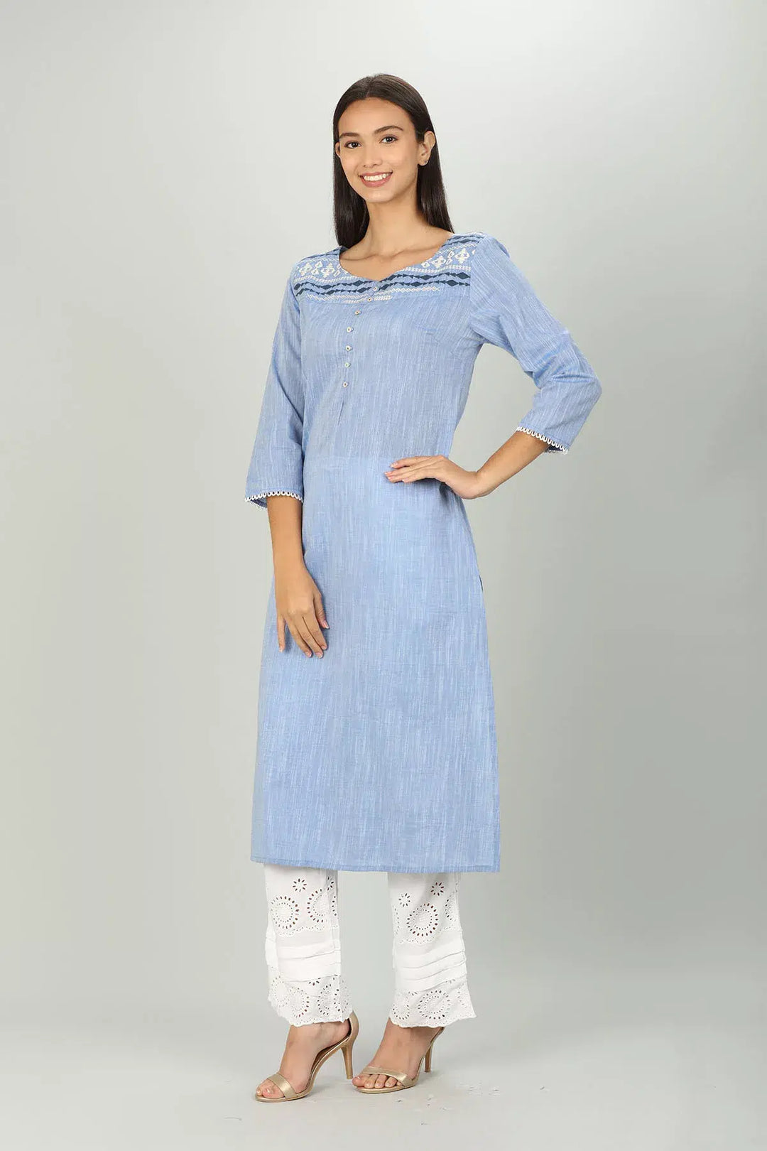 Blue Cotton Textured Embroider A Line Kurti