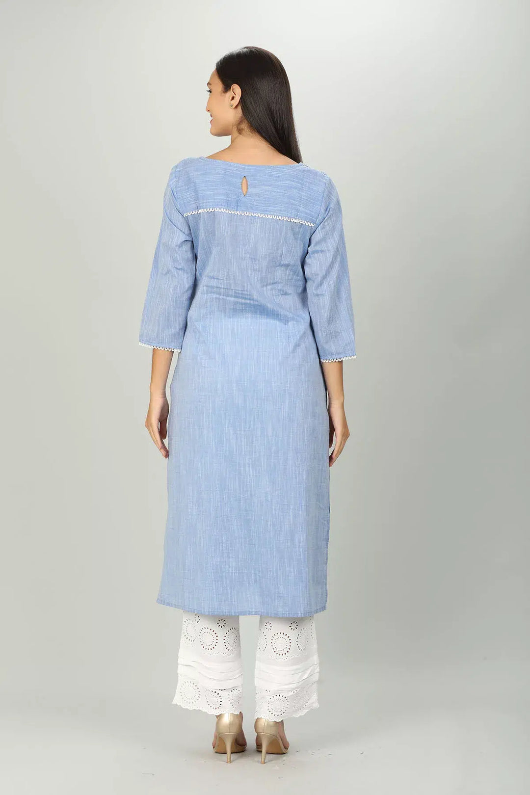 Blue Cotton Textured Embroider A Line Kurti