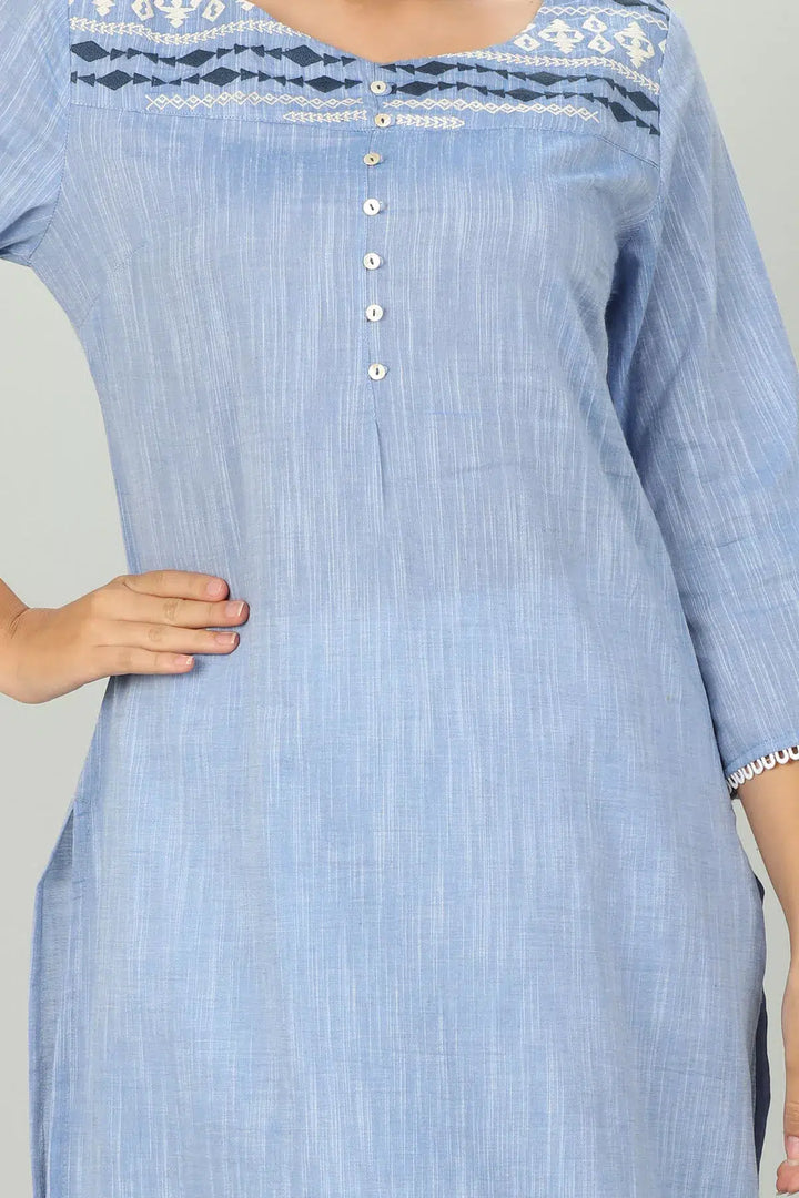 Blue Cotton Textured Embroider A Line Kurti