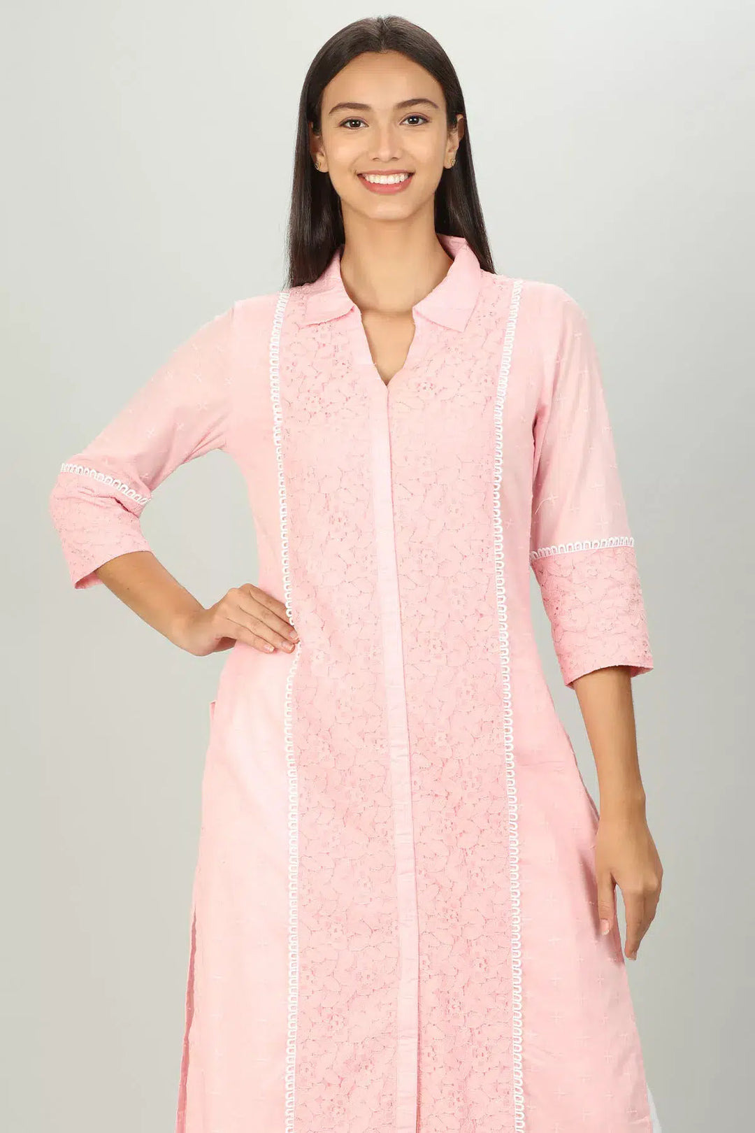 Pink Cotton Collar Kurti