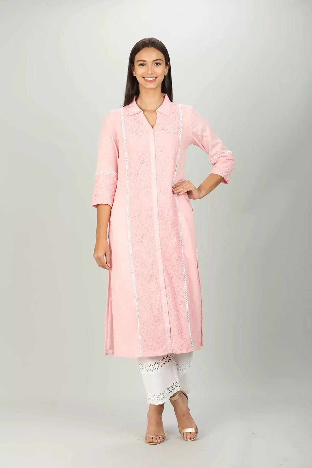 Pink Cotton Collar Kurti