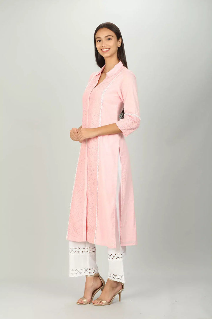 Pink Cotton Collar Kurti