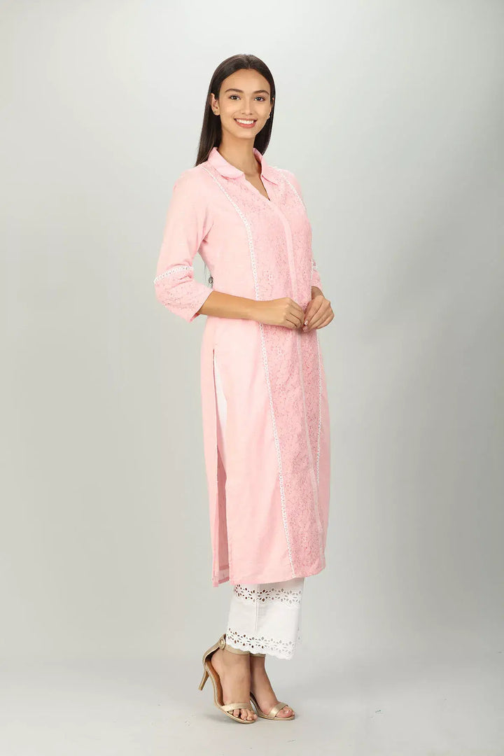 Pink Cotton Collar Kurti