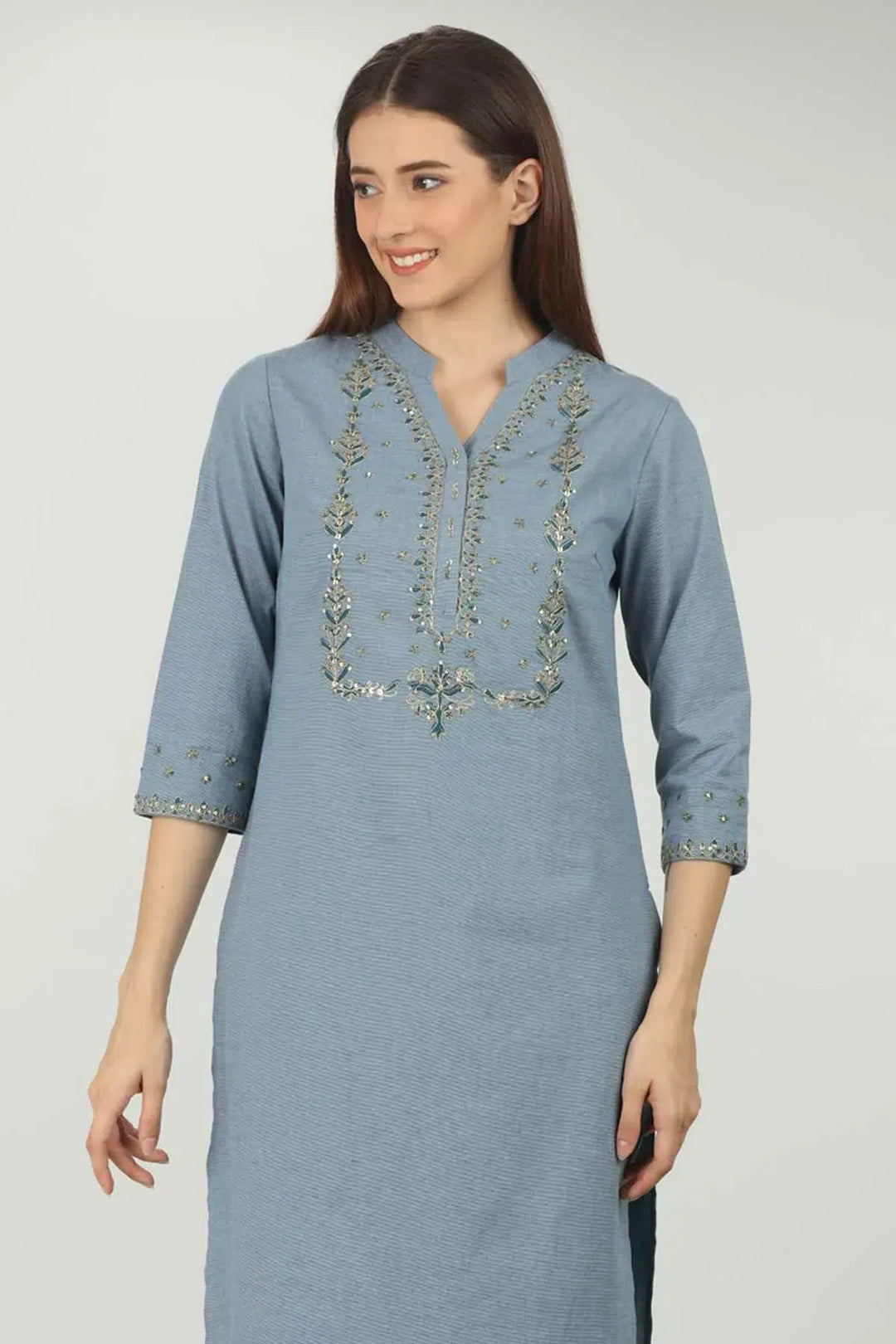 Blue Embellished V Neck Kurti