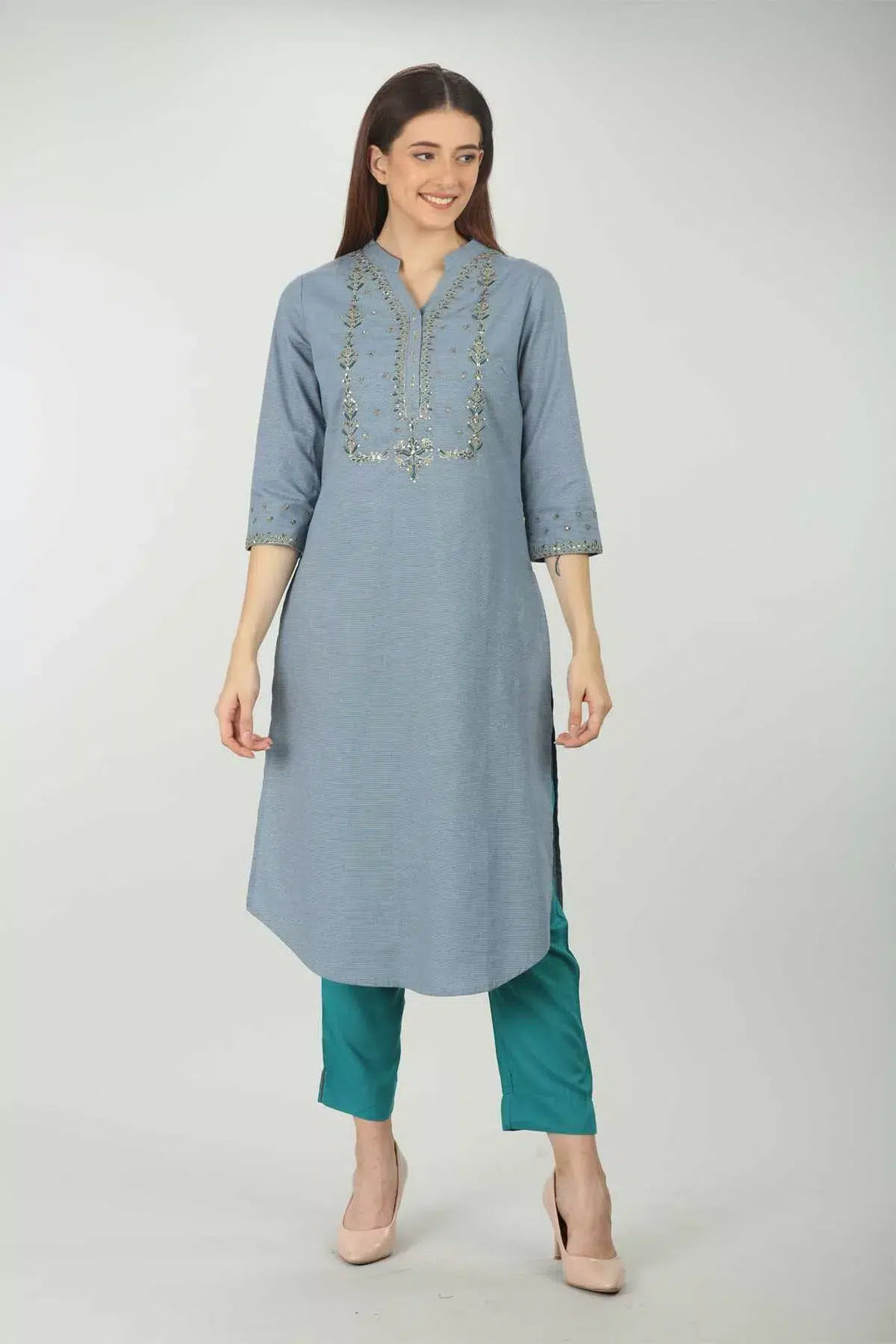 Blue Embellished V Neck Kurti