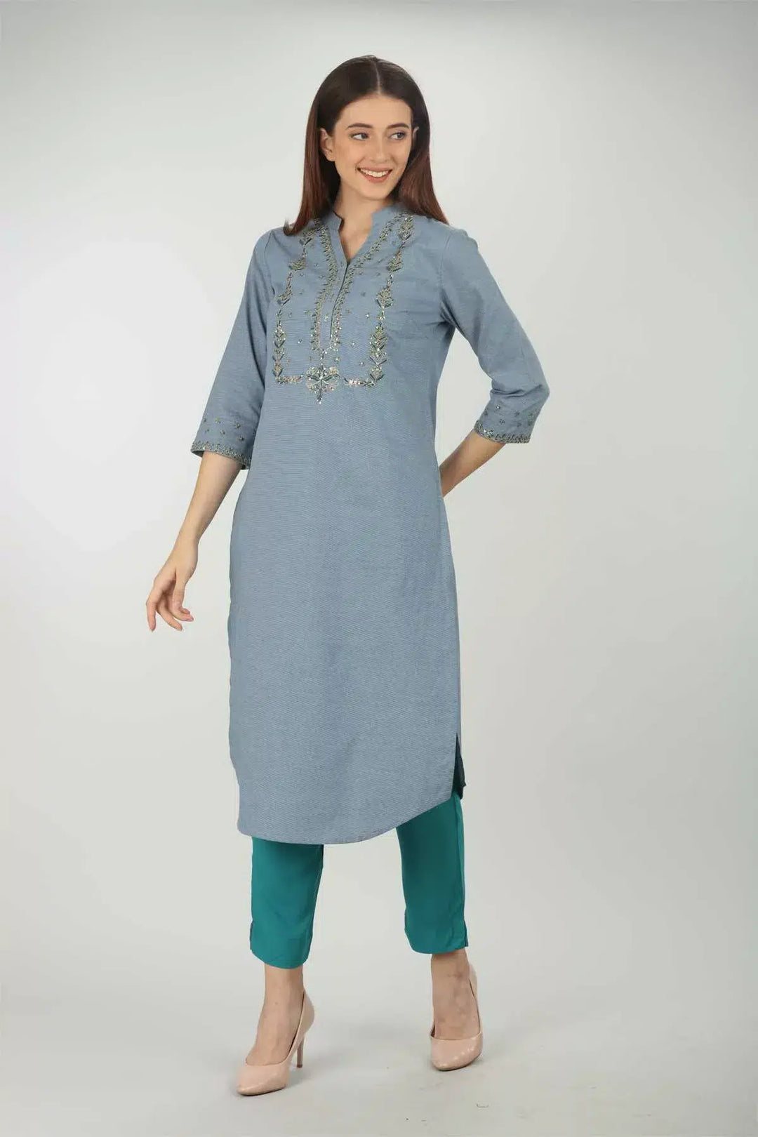 Blue Embellished V Neck Kurti