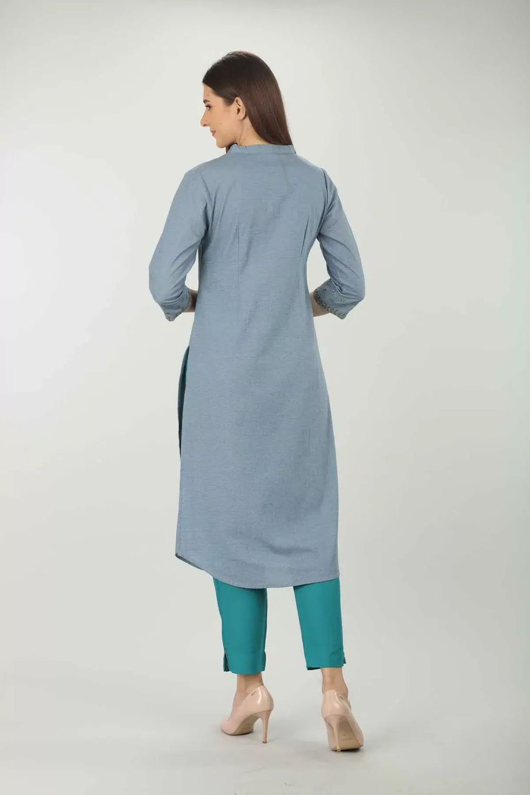 Blue Embellished V Neck Kurti