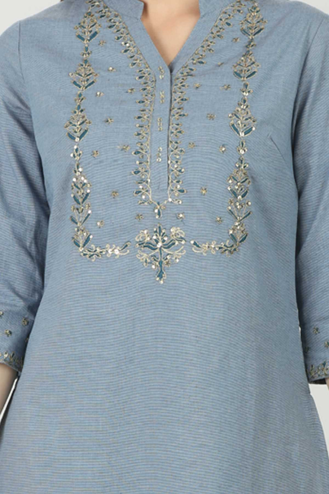 Blue Embellished V Neck Kurti