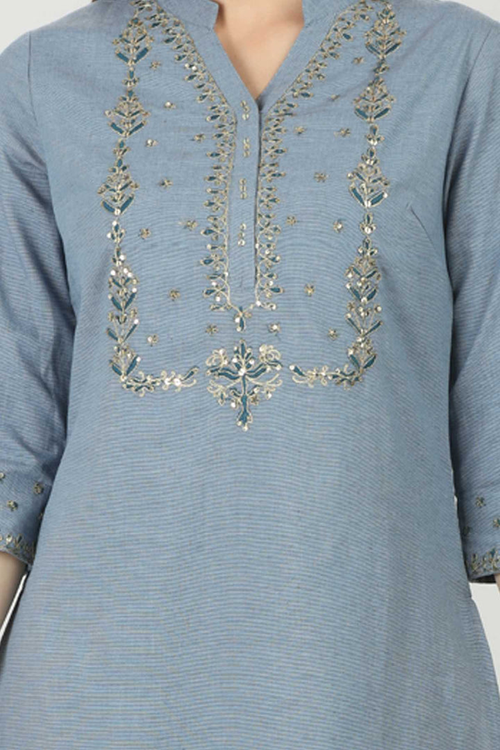 Blue Embellished V Neck Kurti