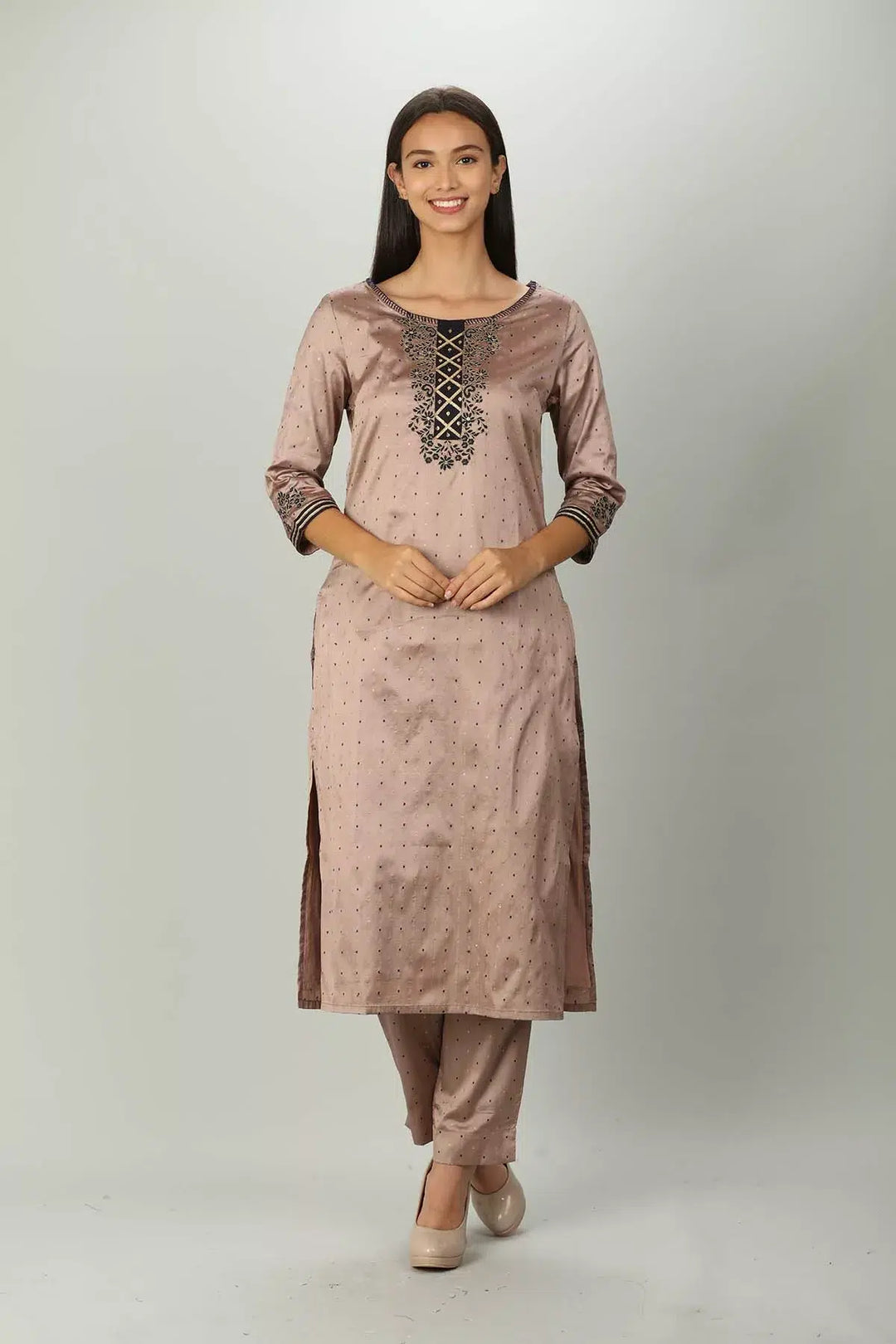 Dusty Brown Silk A line Ensemble Kurti