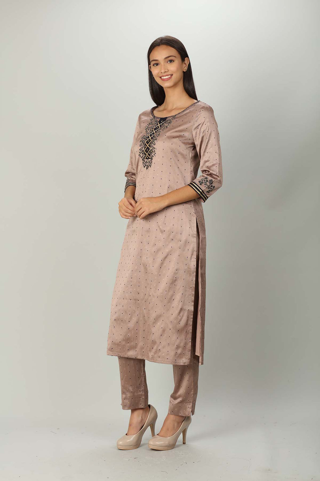 Dusty Brown Silk A line Ensemble Kurti