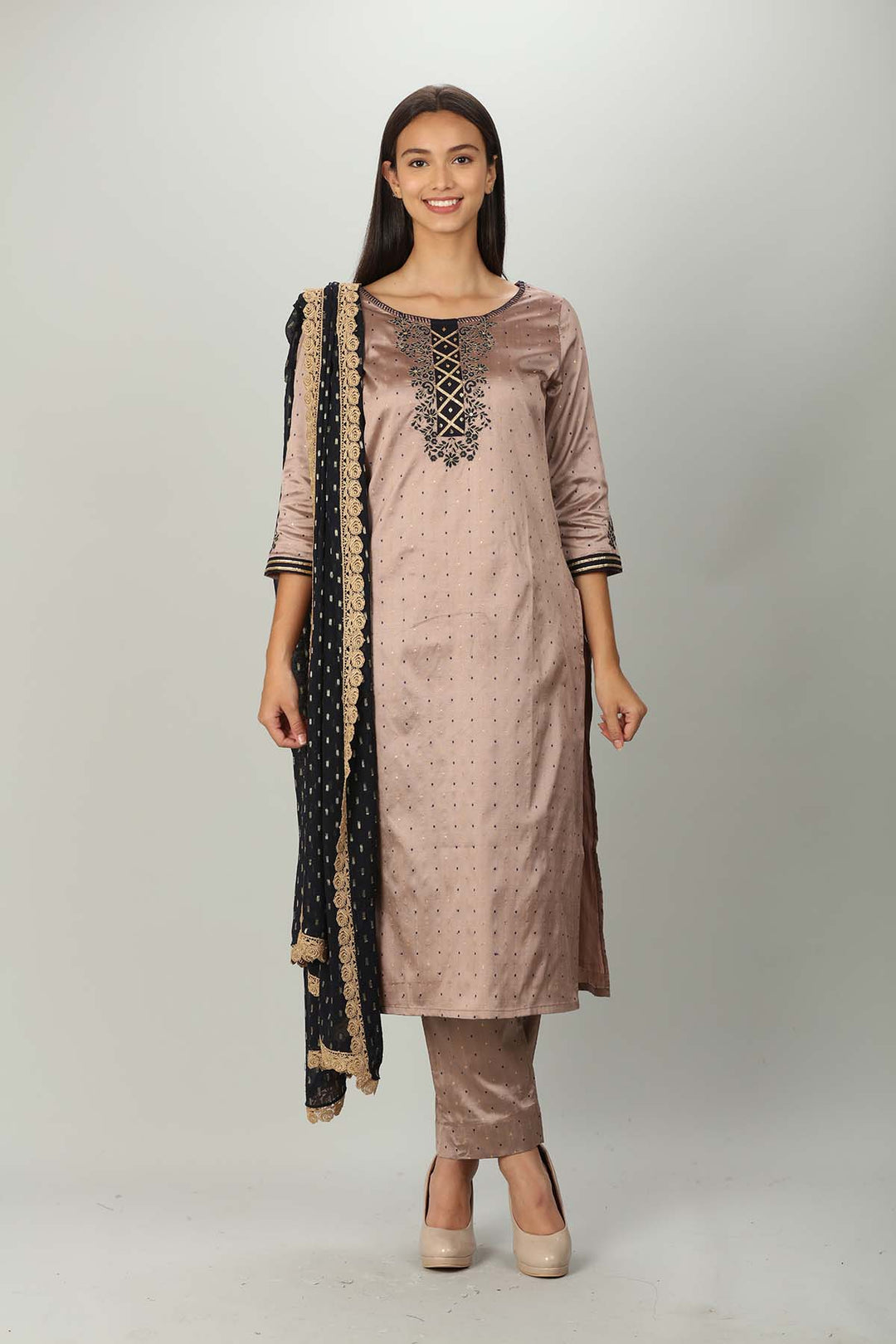 Dusty Brown Silk A line Ensemble Kurti
