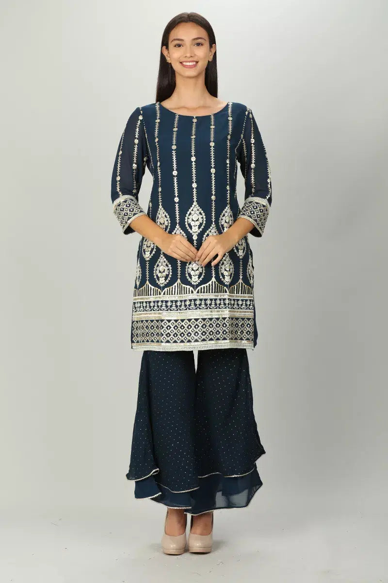 Blue Embroider Embellished Short kurti
