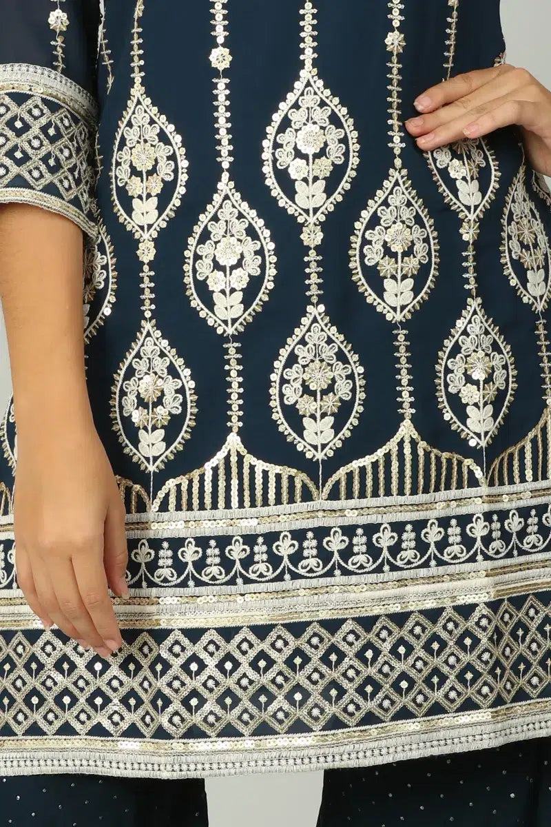 Blue Embroider Embellished Short kurti