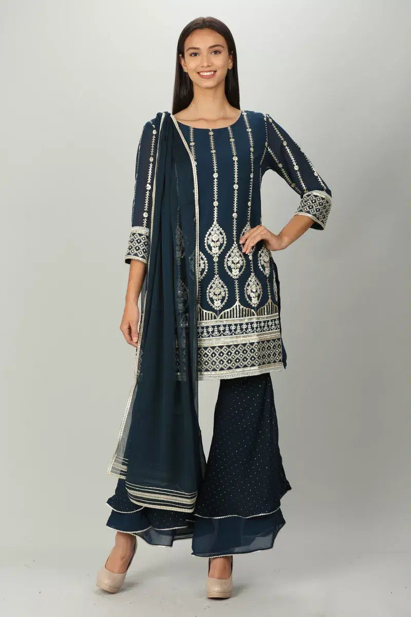 Blue Embroider Embellished Short kurti