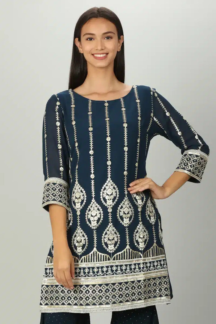 Blue Embroider Embellished Short kurti