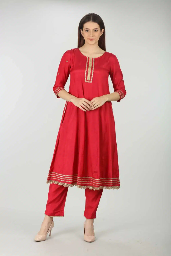 Red Embellished Kurti  (A- Line)