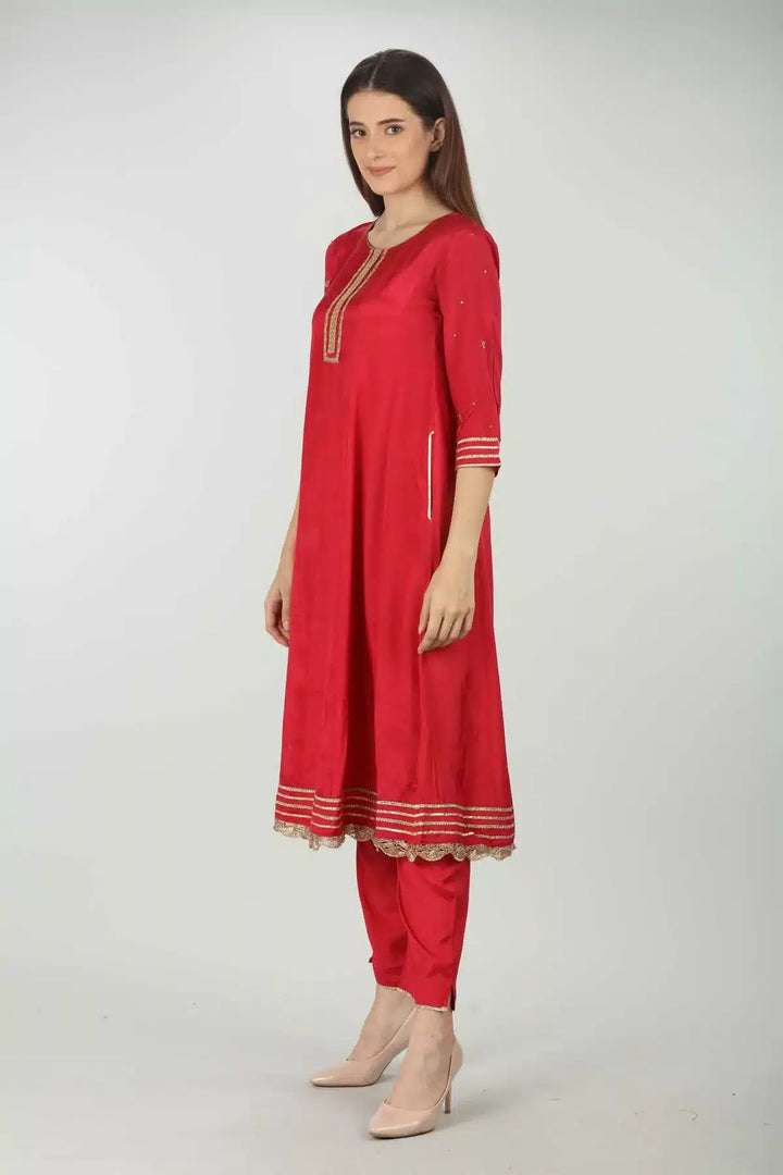 Red Embellished Kurti  (A- Line)