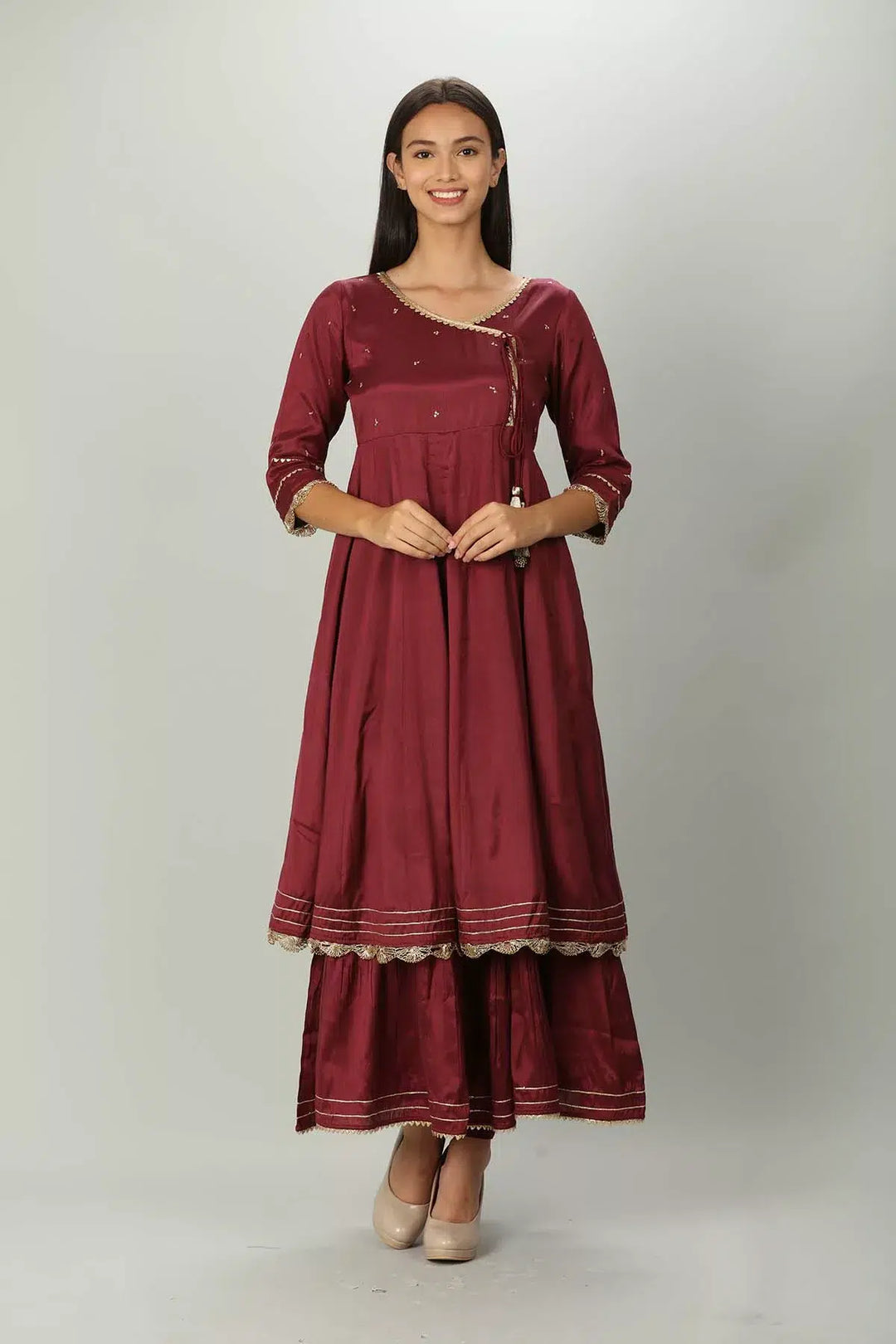 Wine colour Embellished Angrakha Kurti