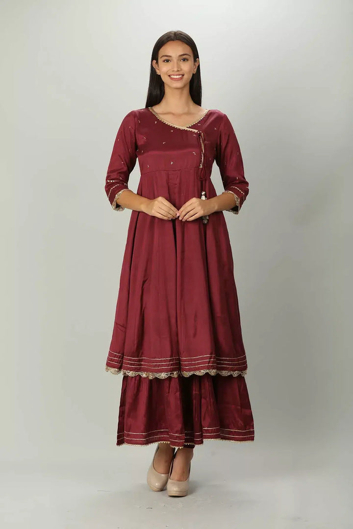 Wine colour Embellished Angrakha Kurti