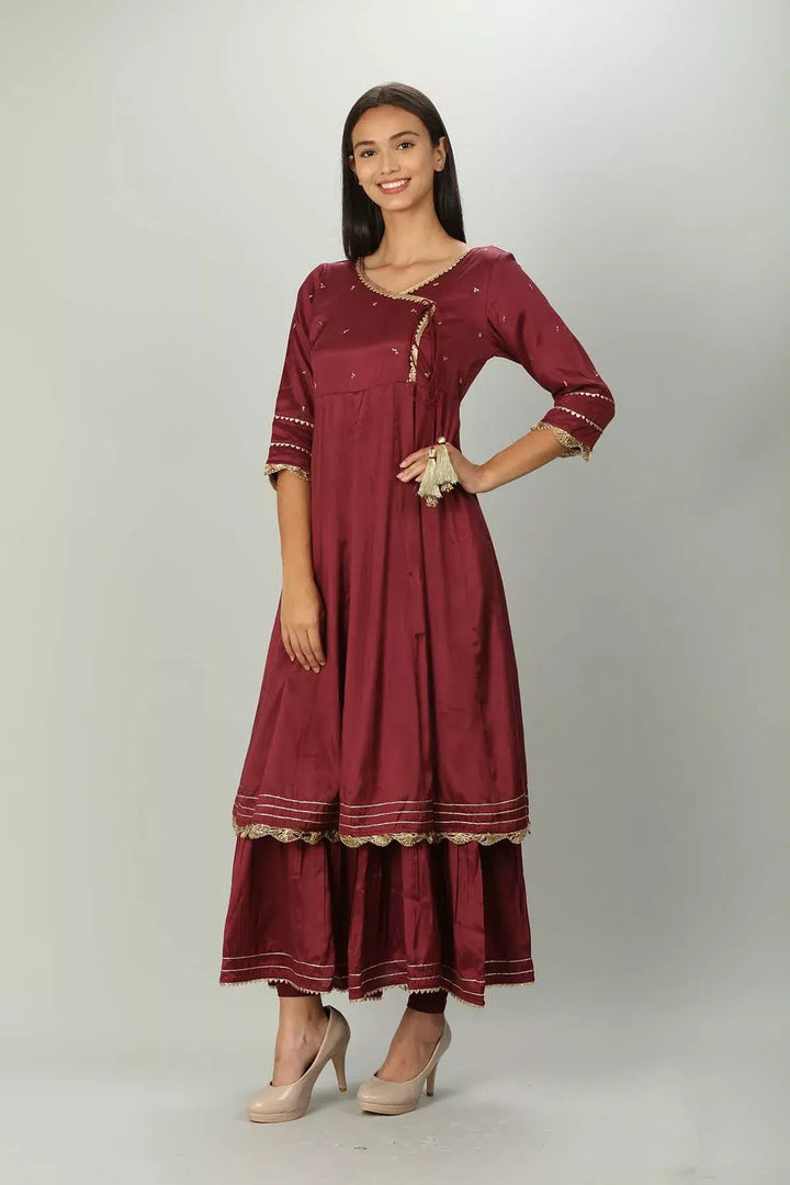 Wine colour Embellished Angrakha Kurti