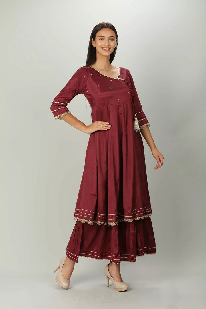 Wine colour Embellished Angrakha Kurti