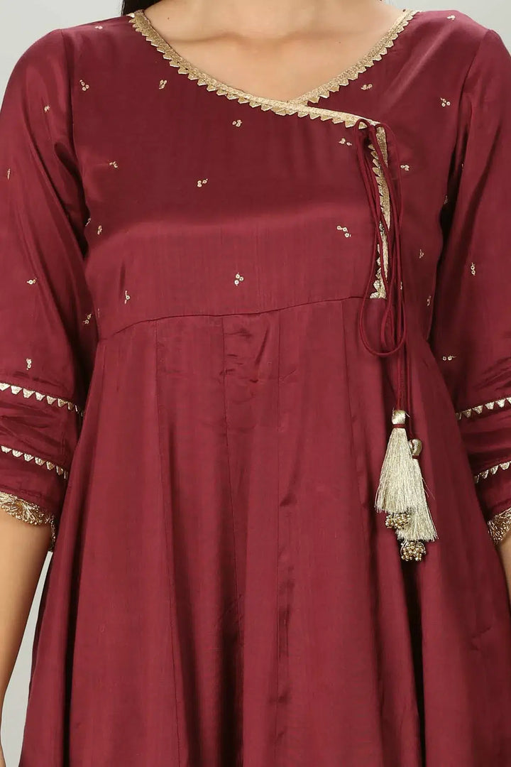 Wine colour Embellished Angrakha Kurti
