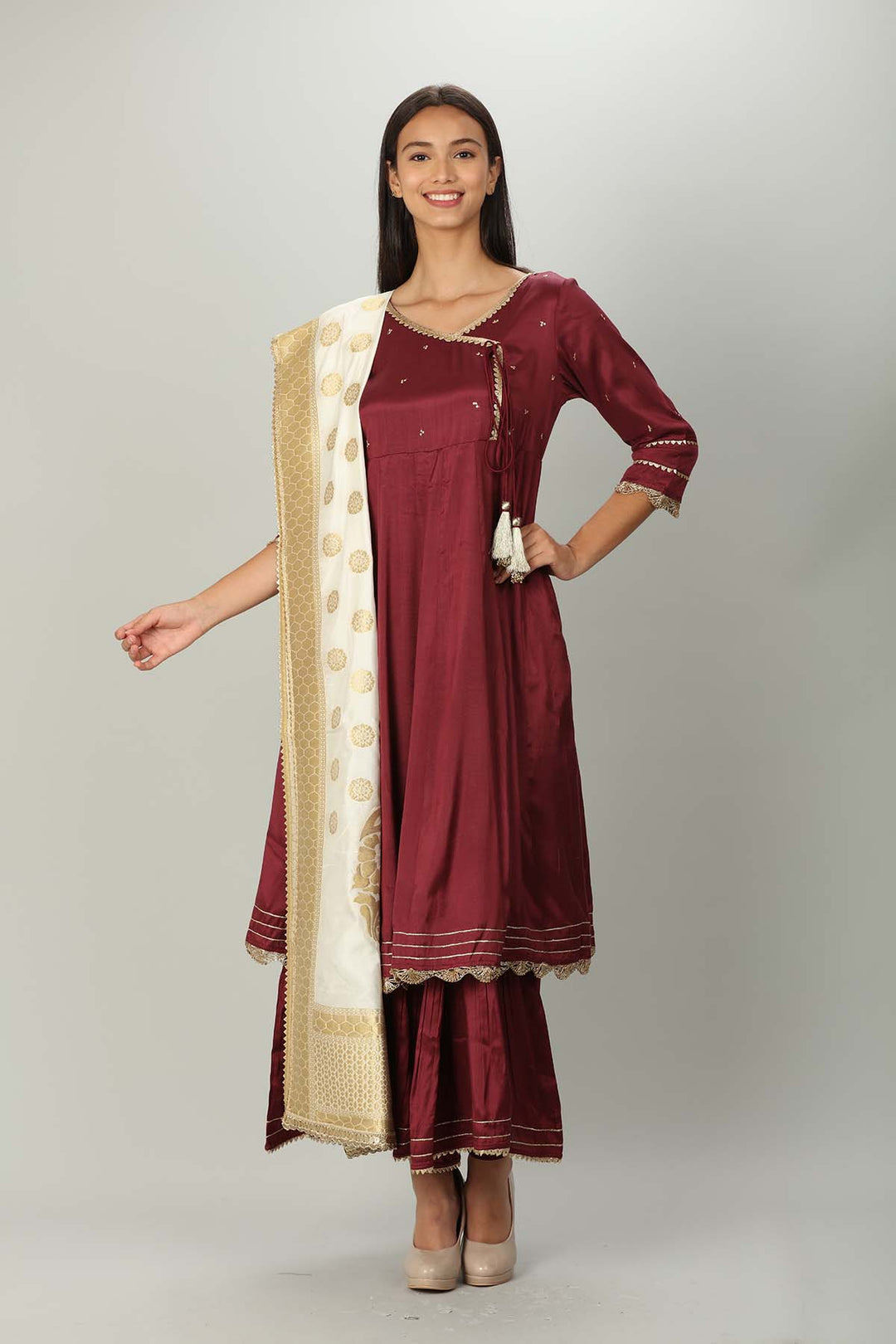 Wine colour Embellished Angrakha Kurti