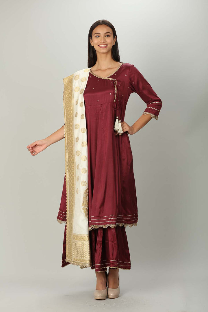 Wine colour Embellished Angrakha Kurti