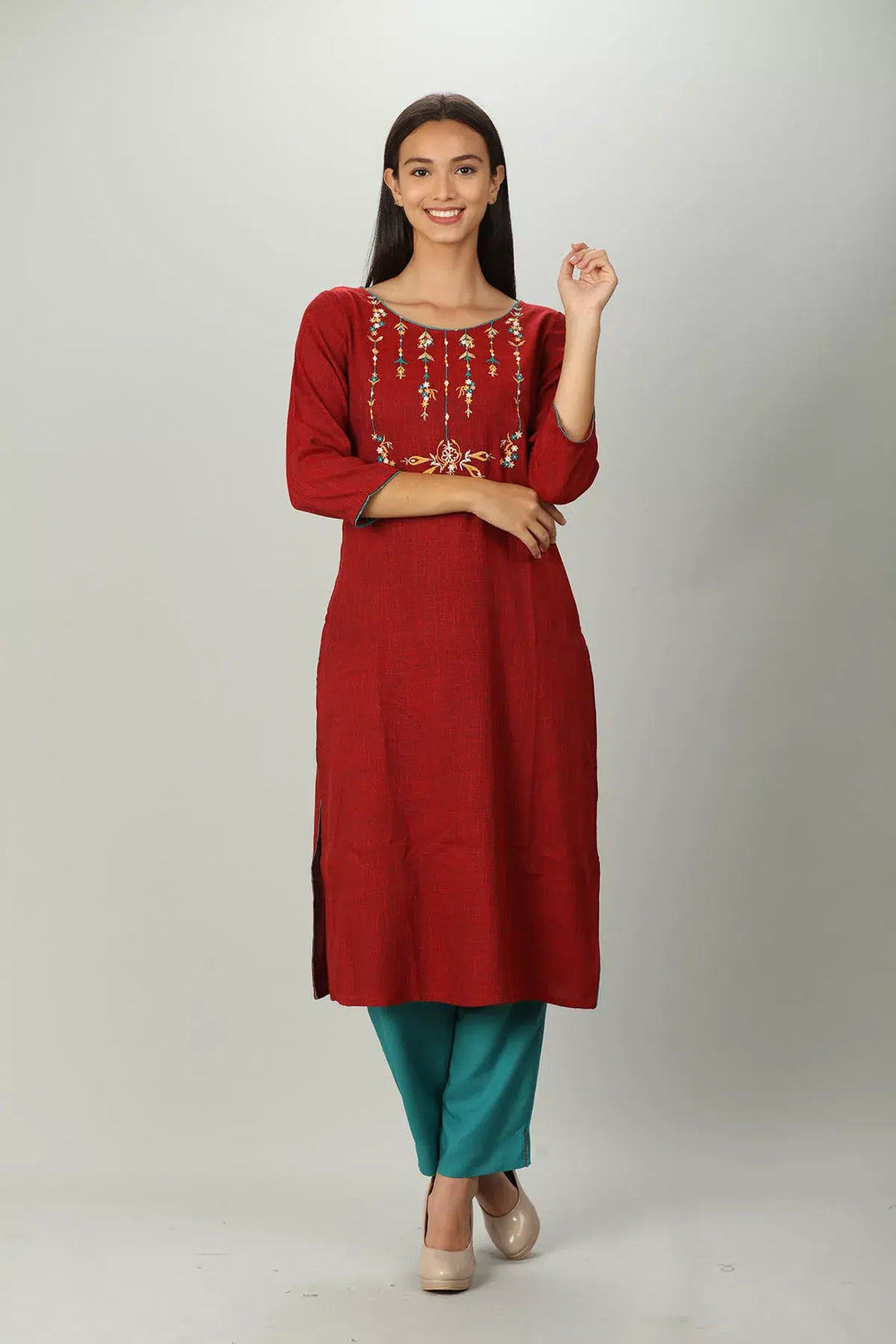 Dark Red Slub Embriodered Straight Kurti