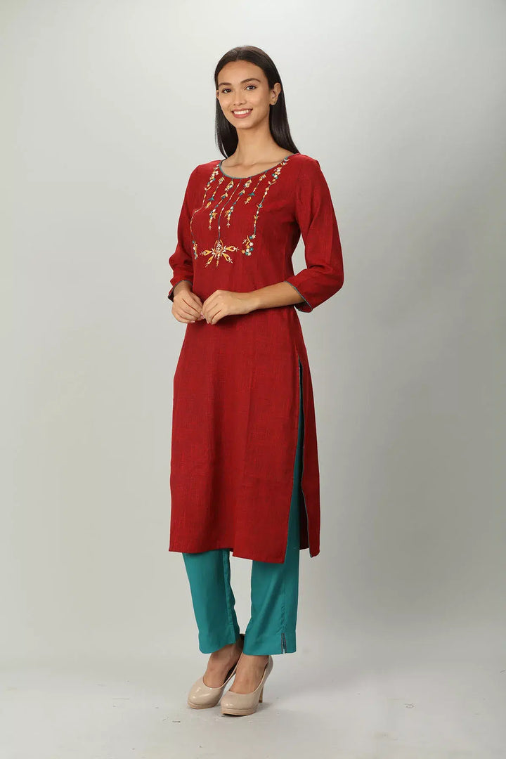 Dark Red Slub Embriodered Straight Kurti