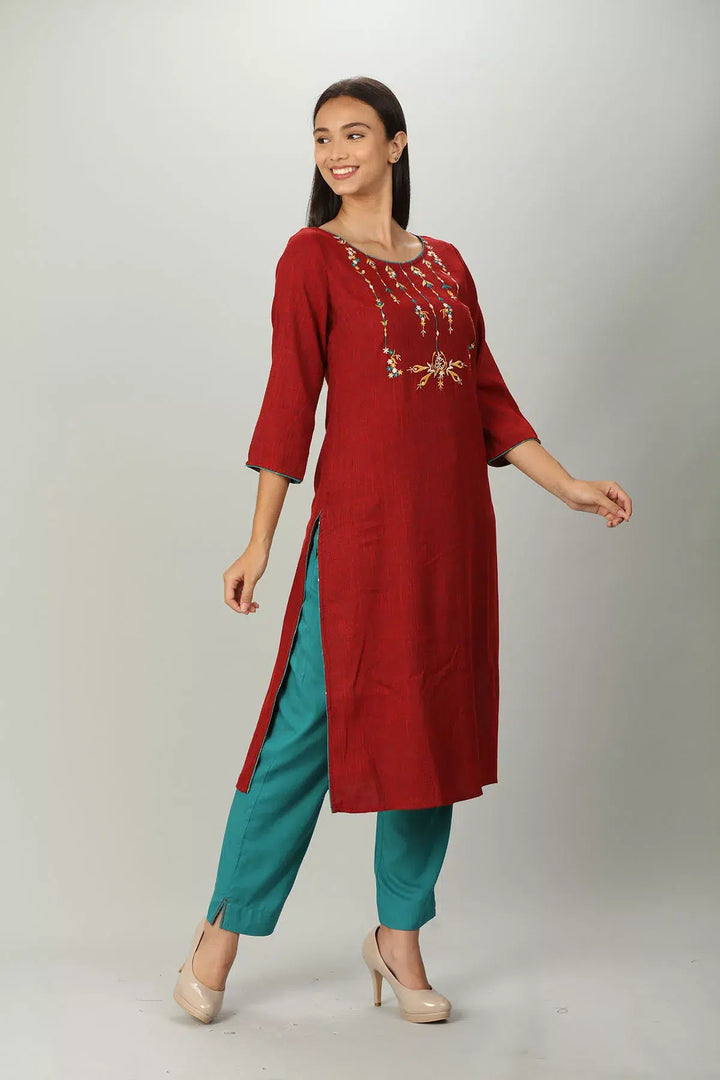 Dark Red Slub Embriodered Straight Kurti