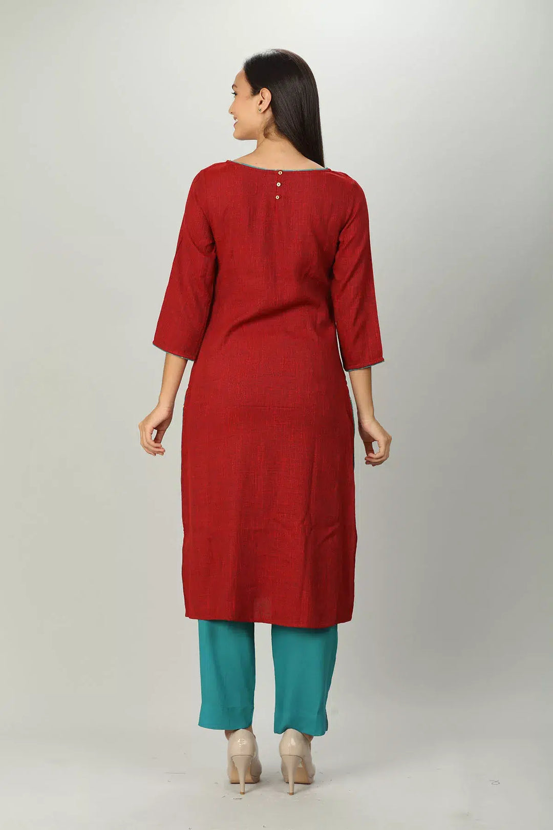 Dark Red Slub Embriodered Straight Kurti