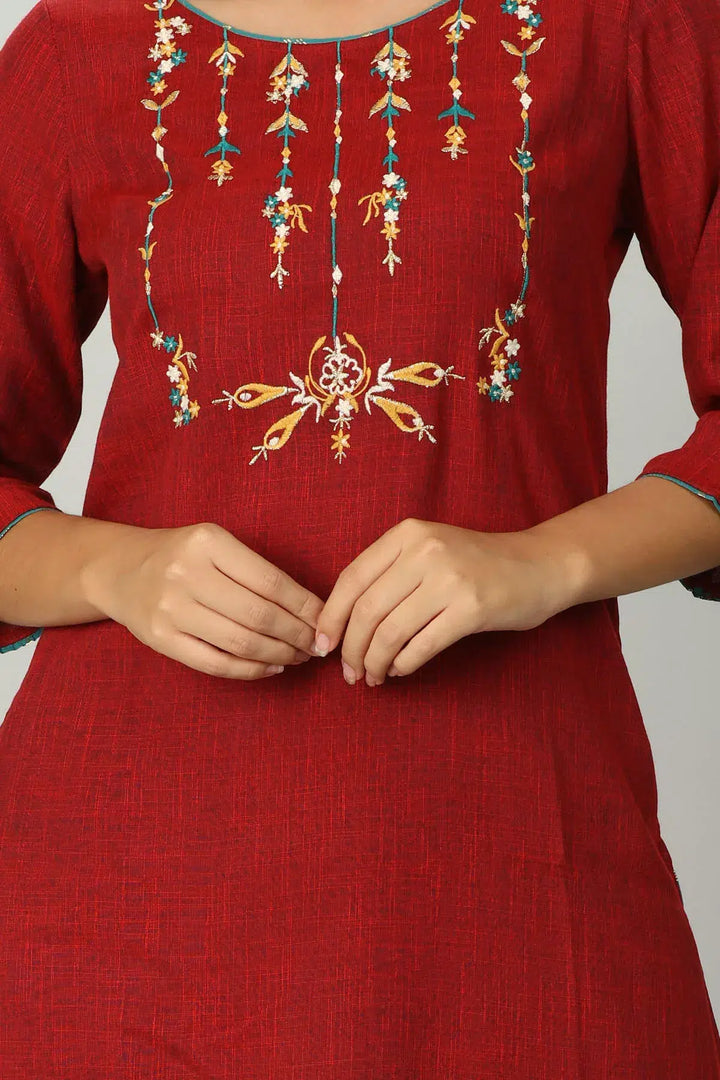 Dark Red Slub Embriodered Straight Kurti