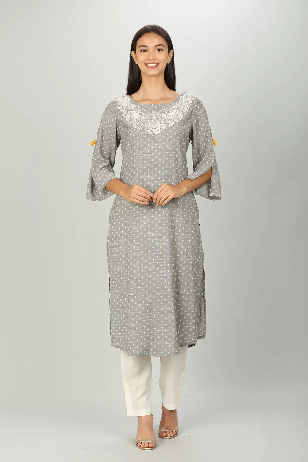 Grey Slub Textured Embriodered Kurti