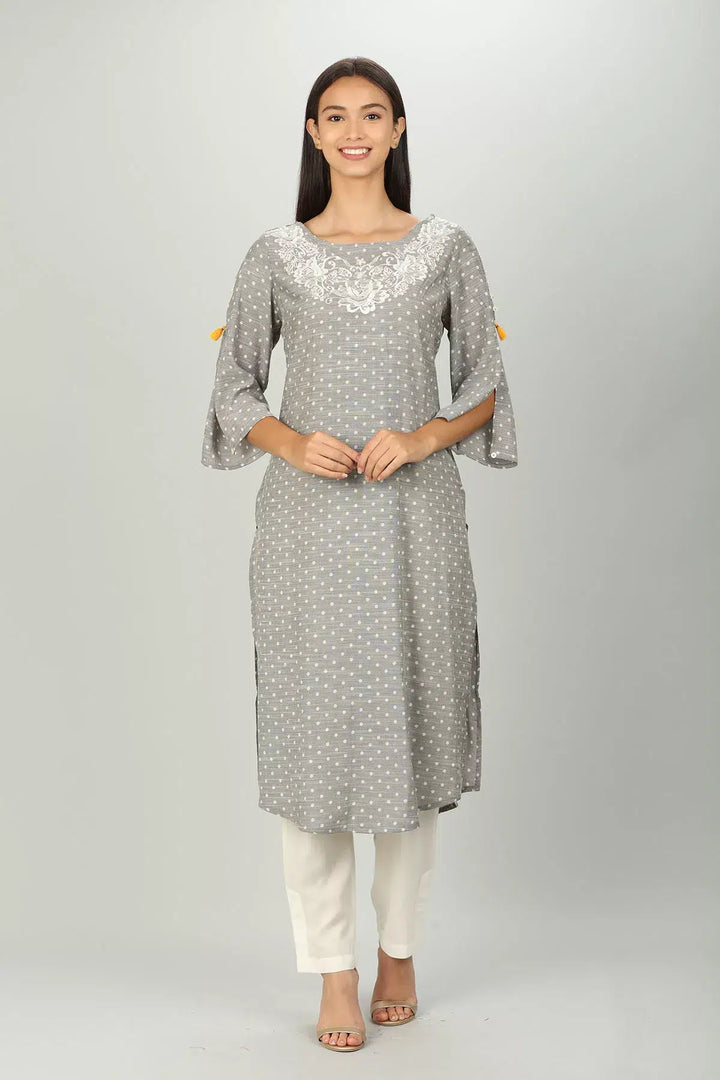 Grey Slub Textured Embriodered Kurti