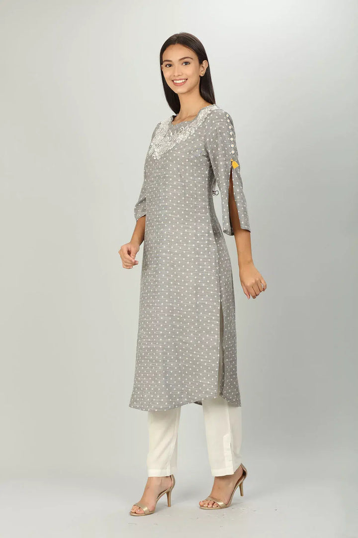 Grey Slub Textured Embriodered Kurti