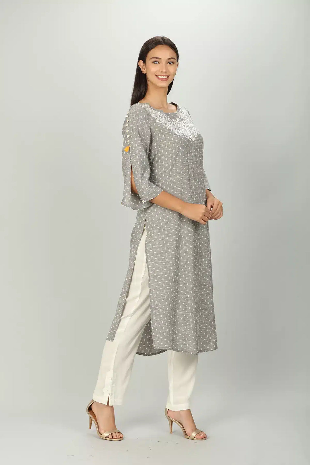 Grey Slub Textured Embriodered Kurti