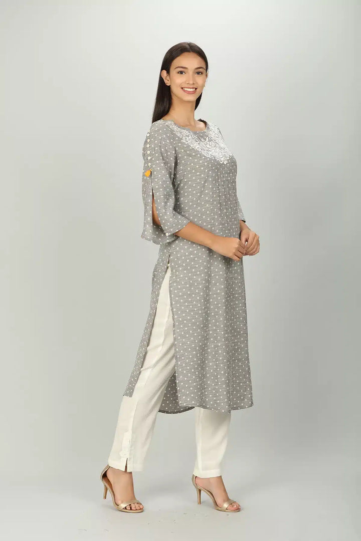 Grey Slub Textured Embriodered Kurti