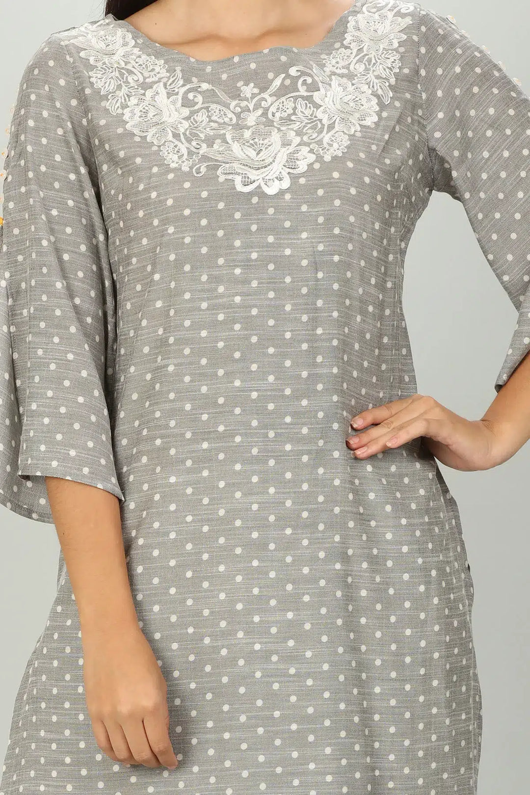 Grey Slub Textured Embriodered Kurti