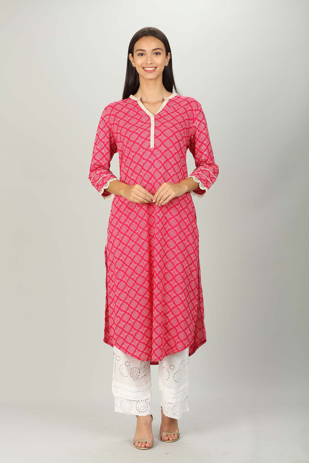 Pink Printed v Neck Kurti
