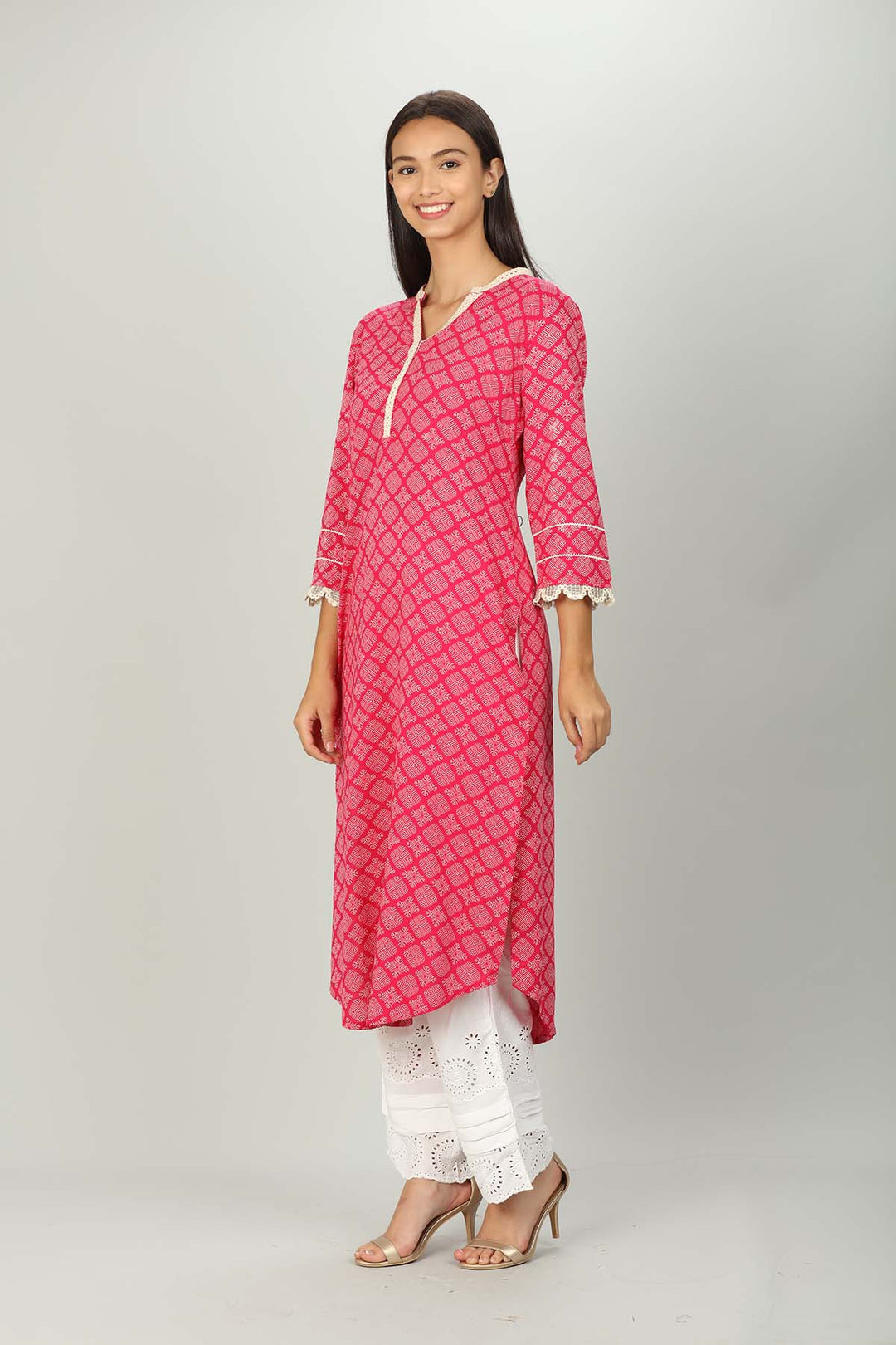 Pink Printed v Neck Kurti
