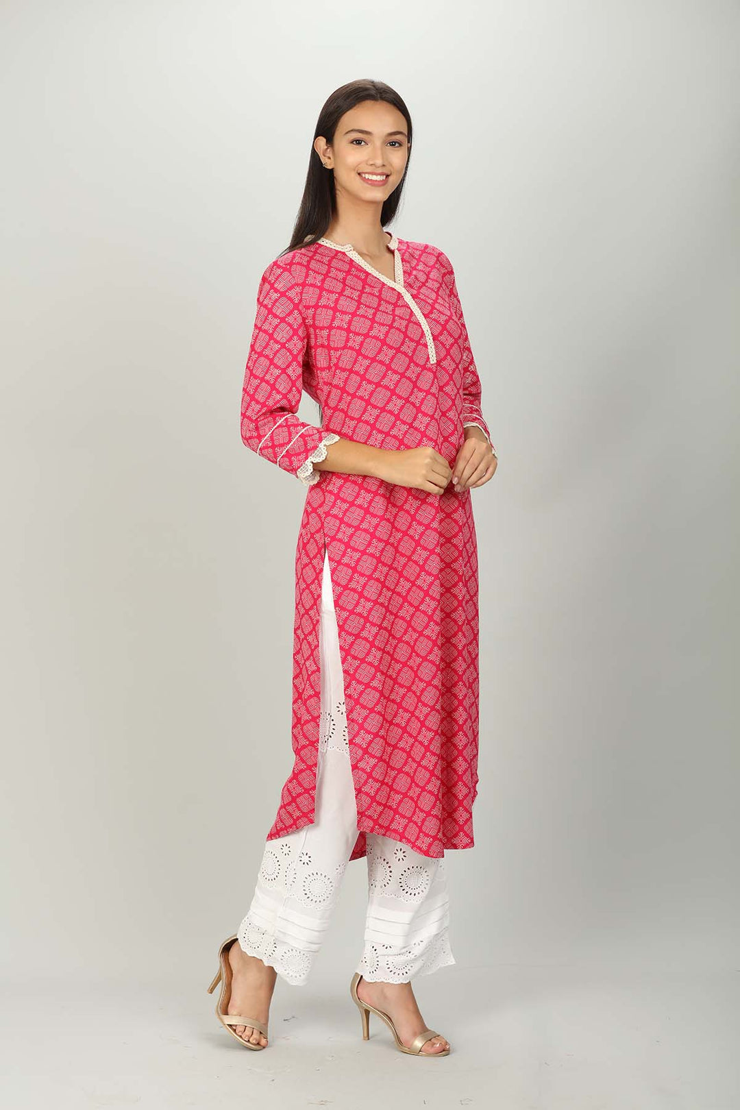 Pink Printed v Neck Kurti