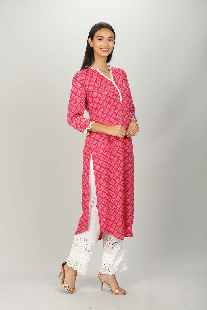 Pink Printed v Neck Kurti