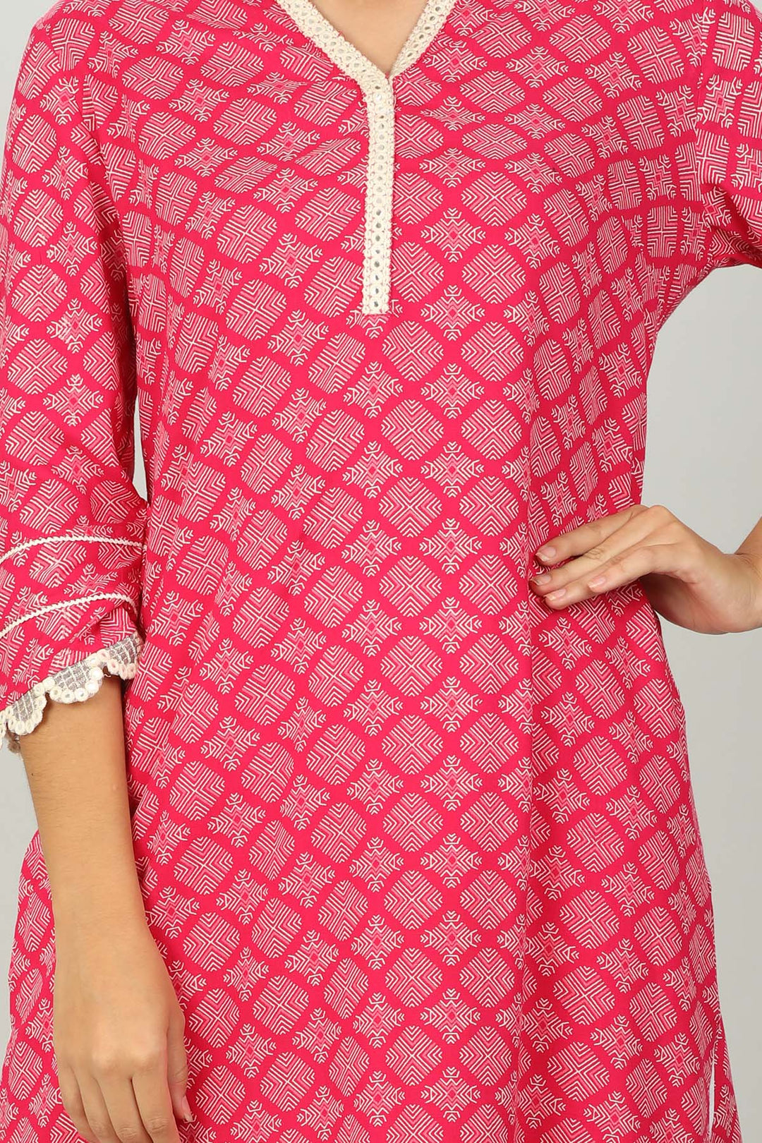 Pink Printed v Neck Kurti