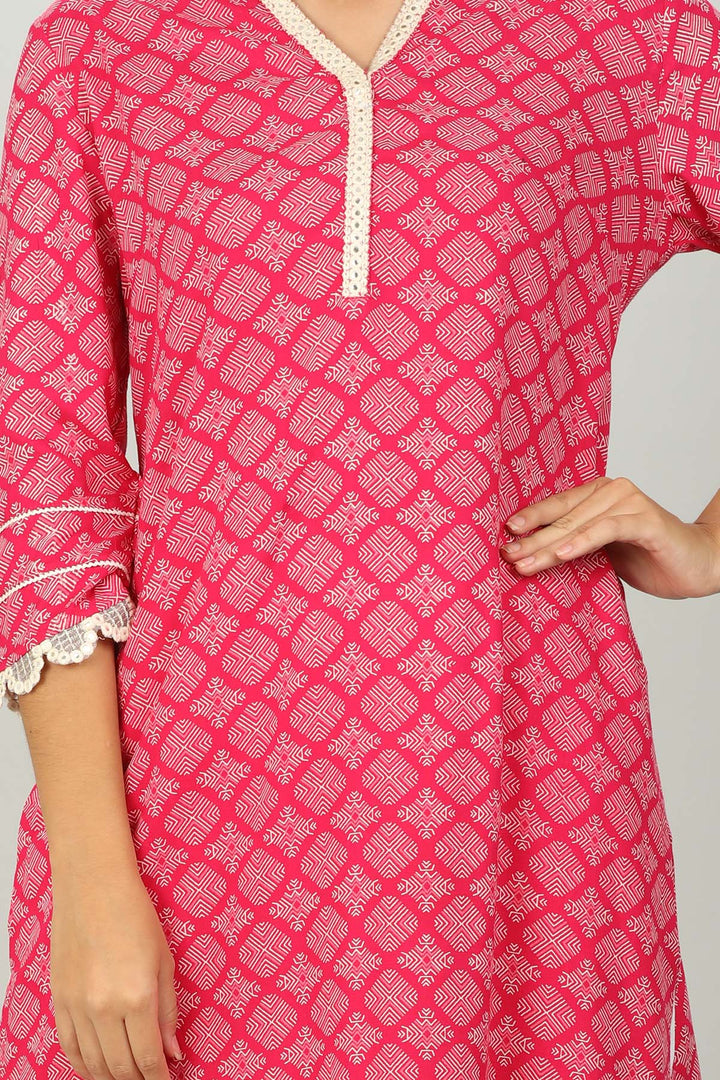 Pink Printed v Neck Kurti