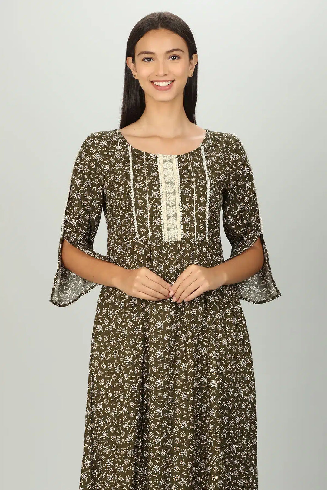 Dark Brown Printed Kurti with round neck