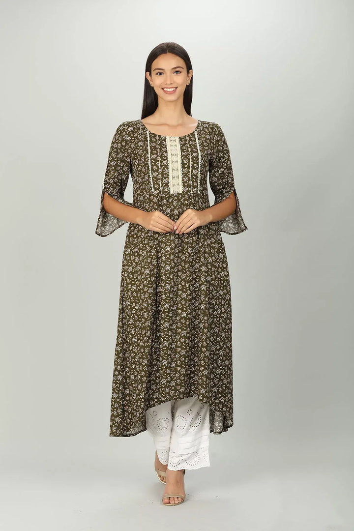 Dark Brown Printed Kurti with round neck