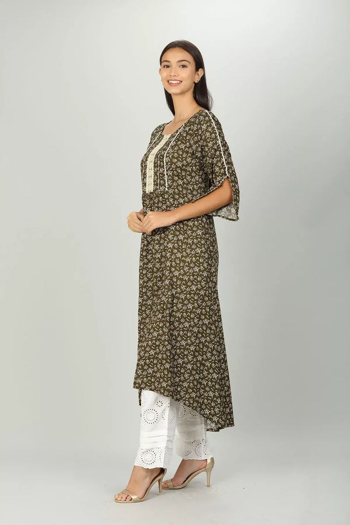 Dark Brown Printed Kurti with round neck